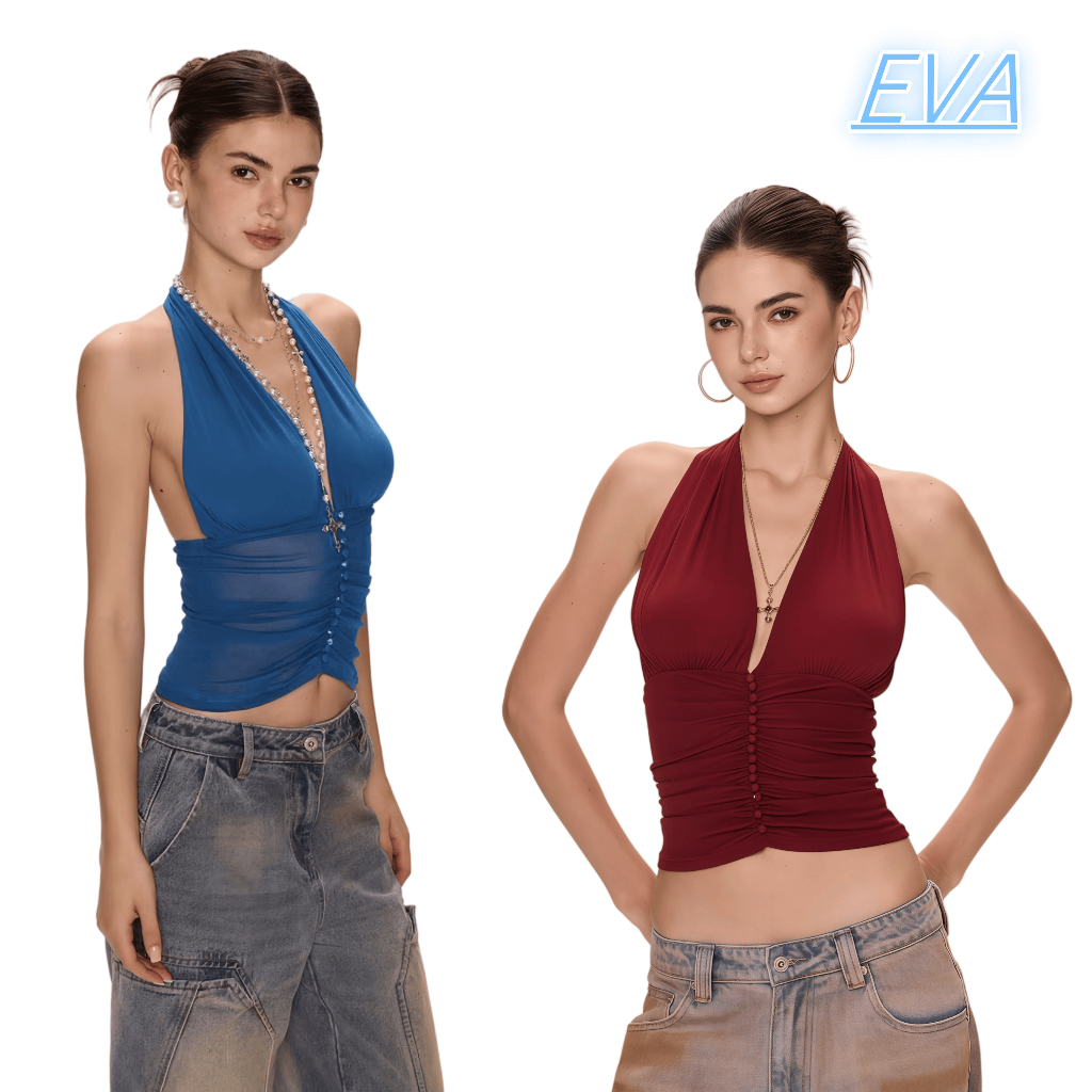 EVA เสื้อสายเดี่ยวตาข่ายคล้องคอเปิดหลังแฟชั่นใหม่ปี 2025 เสื้อแขนกุดใส่ออกนอกบ้านสำหรับสาวเปรี้ยว แฟชั่นฤดูร้อนใหม่