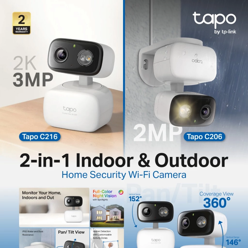 TP-Link Tapo C216 2K 3MP/ Tapo C206 2MP กล้องไวไฟใช้ได้ทั้งภายในและภายนอก IP65 Indoor/Outdoor Home Security Wi-Fi Camera