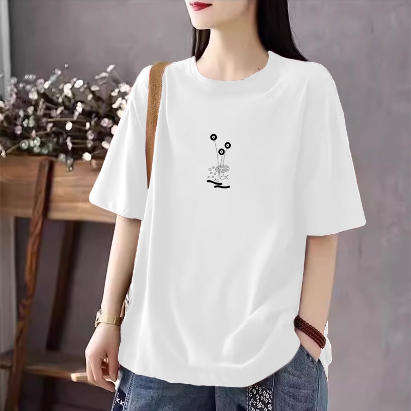 ไหล่บวกบางเสื้อยืดผู้หญิงแขนสั้นเทรนด์ใหม่ร้อยชุดลำลองลดอายุเฉพาะพิมพ์รอบคอหลวมท็อปส์ซูฤดูร้อน