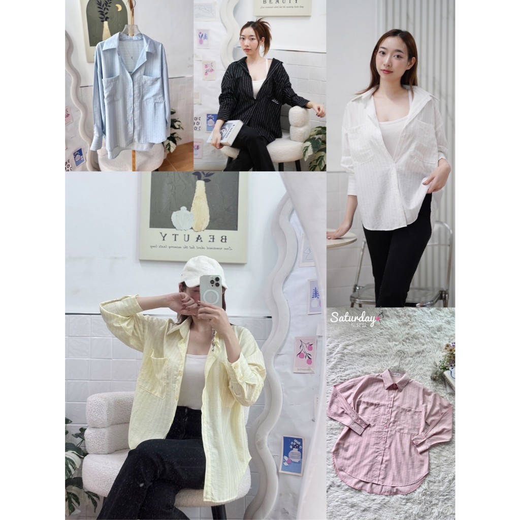 ป้าย Saturday เสื้อเชิ้ตริ้วแต่งกระเป๋าคู่ อก 44 นิ้ว ยาว 27 นิ้ว