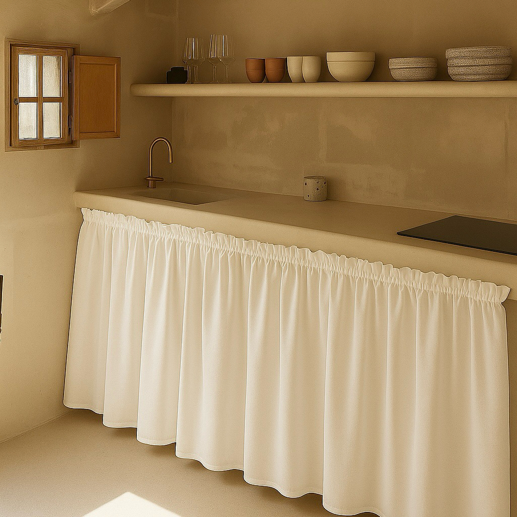 ผ้าม่านเคาน์เตอร์ครัวสีขาวเรียบละเอียด พร้อมส่ง แบบสอดราว ราคาเฉพาะม่าน - รูปที่ 4