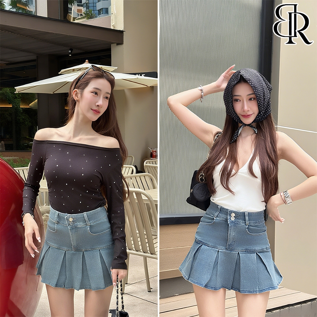 B&R พร้อมส่ง กระโปรงยีนส์ผู้หญิง กระโปรงสั้น ดีไซน์เวอร์ชั่นสวยๆ เอวสูง แฟชั่นจีบ ผ้าสวมใส่สบาย ขนาด S-XL