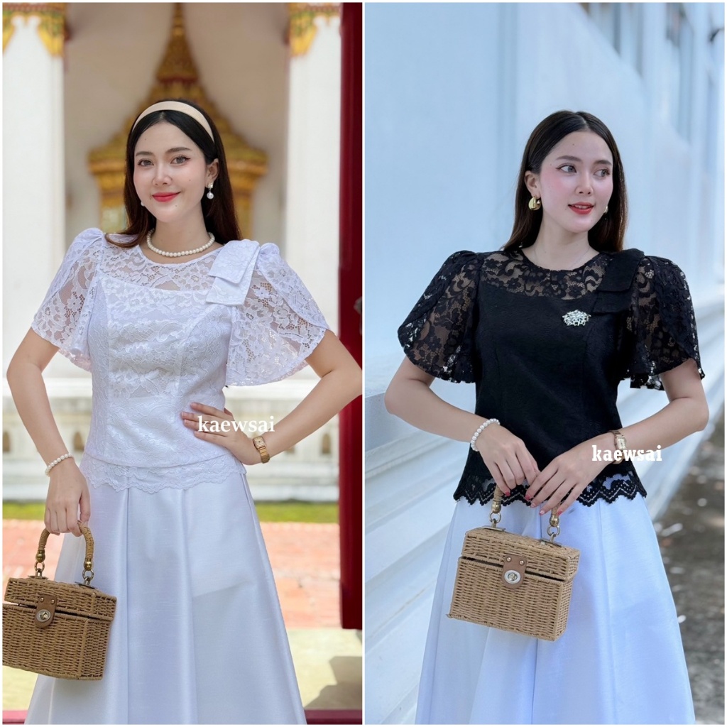 เสื้อรุ่น-นลินญา  ผ้าลูกไม้หวาน เก๋มีสไตล์ แขนกลับบัว  ดีไซน์น่ารักด้วยโบว์ที่ไหล่ สวยละมุน