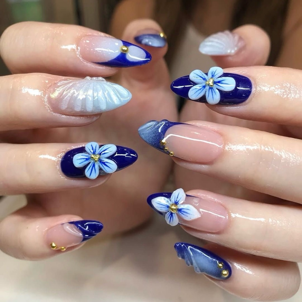 40เล็บเจลแท้ โทนน้ำเงินปั้นดอกเฟรนช์ปลาย💙🩵 พร้อมส่ง🛒