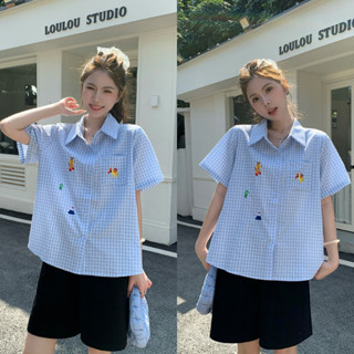 เสื้อเชิ้ตลายสก๊อตผู้หญิง เสื้อเชิ้ตแขนสั้นสไตล์เกาหลี ลายปั…