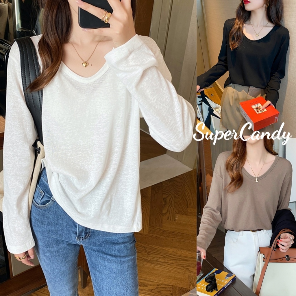 SuperCandy🌷เสื้อยืดแขนยาวผู้หญิง เสื้อผ้าป้องกันแสงแดด เนื้อผ้าฝ้ายป่าน+ไหมเทียม ทรงหลวมสบาย สวมใส่เย็นสบา