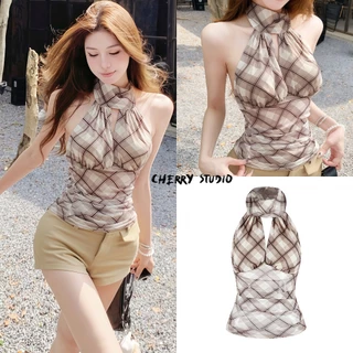Cherry✨พร้อมส่ง✨คอเต่าแขนกุด ทรงเข้ารูป เสื้อคล้องคอ เสื้อครอป คอวีลึก เปิดหลังผูกคอ สวยดูแพง เซ็กซี่ผู้หญิงY2K