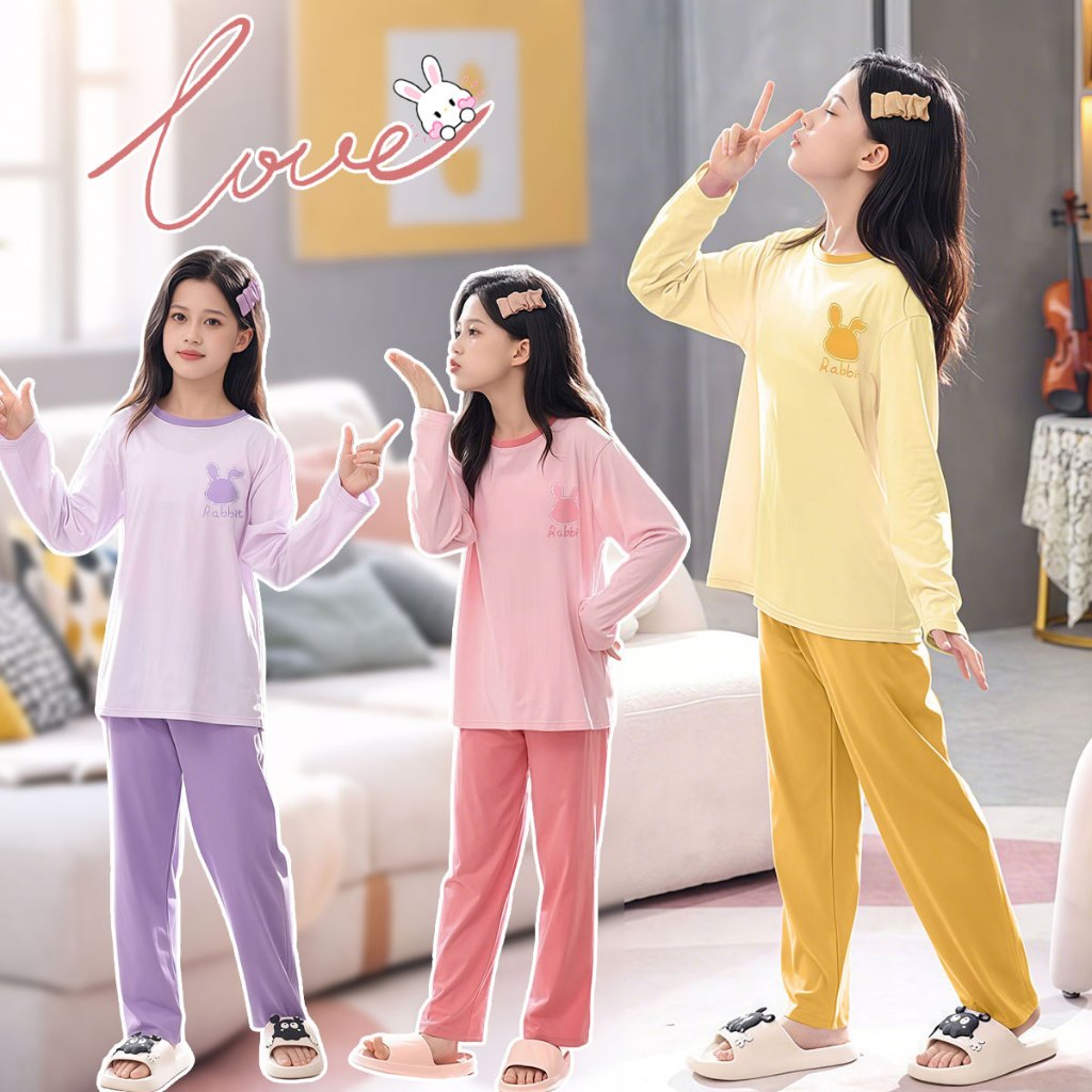 Beryl kids🌸ชุดนอนเด็ก🎀ชุดสองชิ้นแฟชั่นเด็กผู้หญิง เสื้อคอกลม+กางเกงขายาว นุ่ม สบาย สีสันสดใส สไตล์เกาหลี ใส่ได้ทุกฤดู