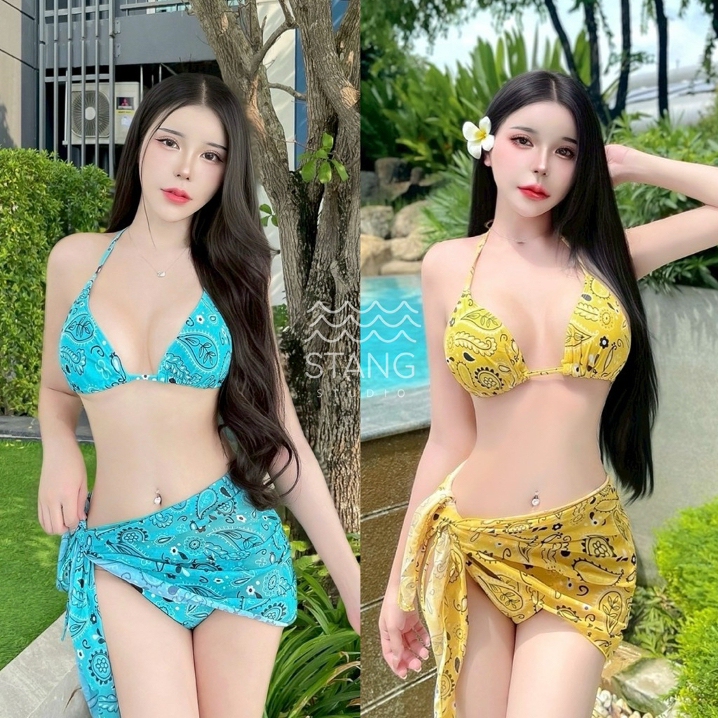 บิกินี่สีเหลือง ลายผ้าเช็ดหน้า
