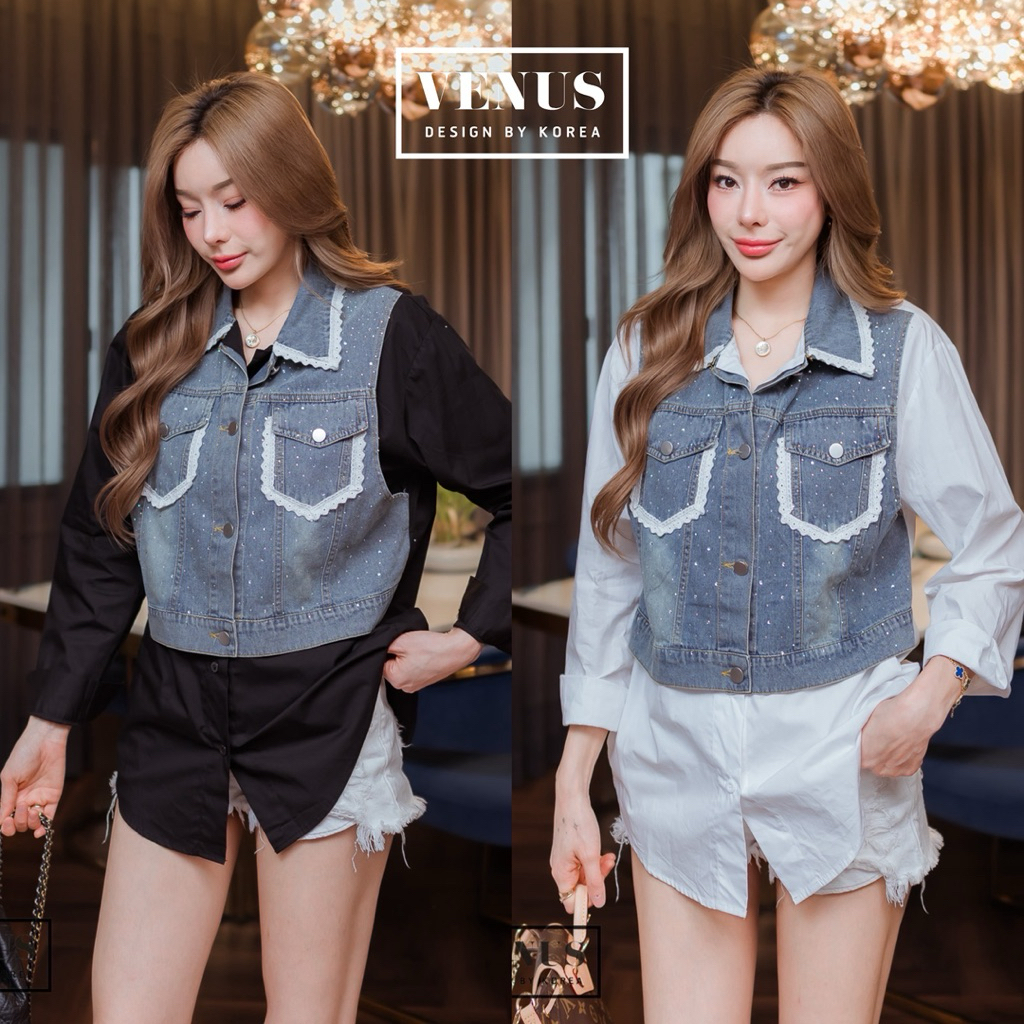 🌈🌿🌼🌸🌺💙🖤🤍🇰🇷 Jeans DM Rim Lace Pocket Patch Cotton Long Sleeve Shirt
