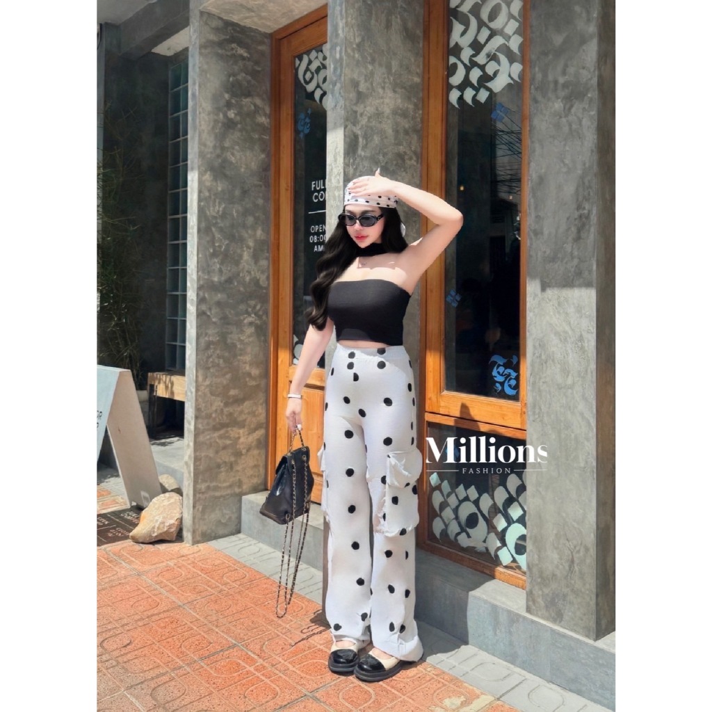 sOn กางเกงขายาวลายจุดผ้าใหมลิตาลี่กระเป๋าข้างเอวยืดผ้าใส่สบาย(kp3)