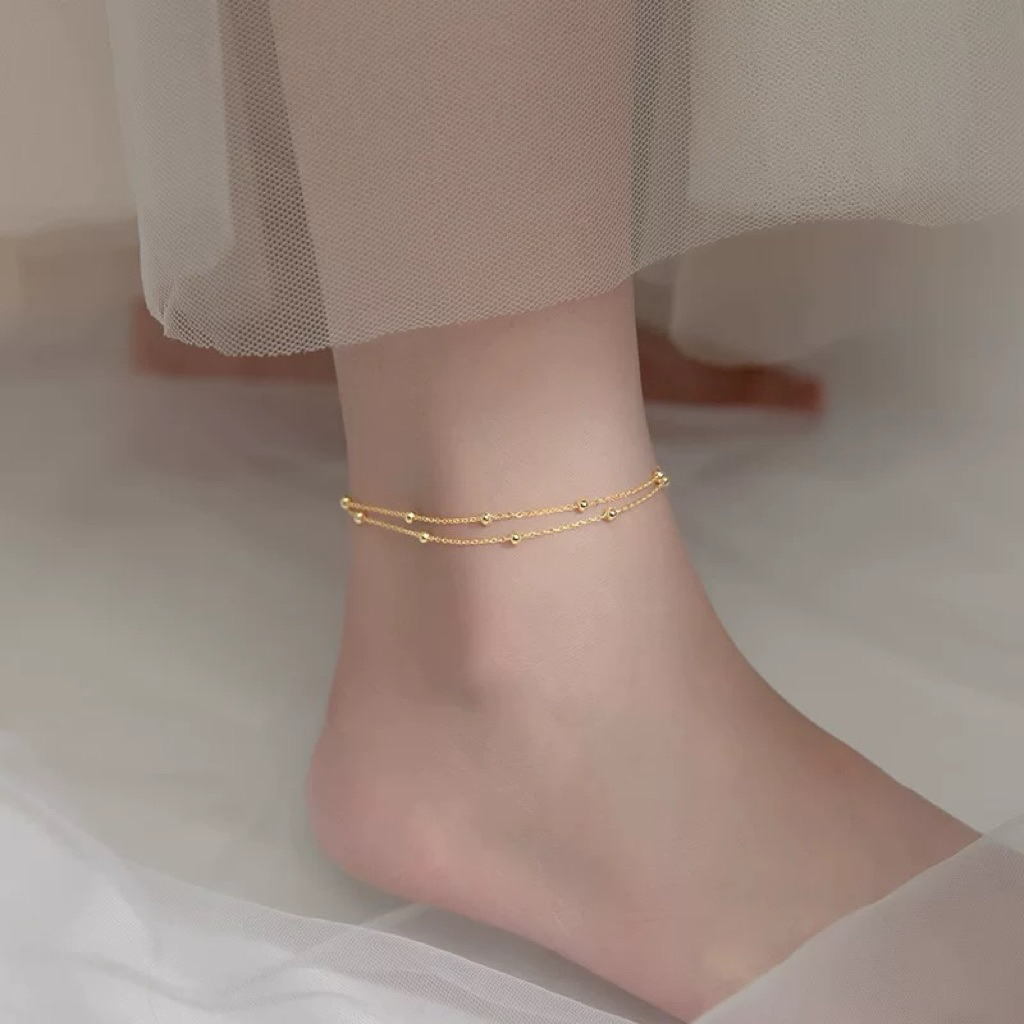 กำไลข้อเท้าลูกปัดนำโชคสองชั้น / Double-layer lucky bead Anklet / Titanium Anklet/Korean Anklet/สร้อยข้อเท้าสไตล์เกาหลี