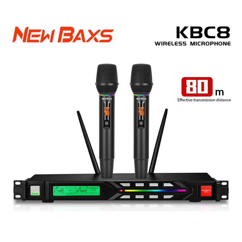 NEW BAXS KBC8 ไมโครโฟนไร้สาย Dual 2 หน่วย UHF ความถี่ปรับได้ ไม่มีการรบกวน ไมค์ ชุดสำหรับการร้องเพลงที่บ้าน ปาร์ตี้ KTV