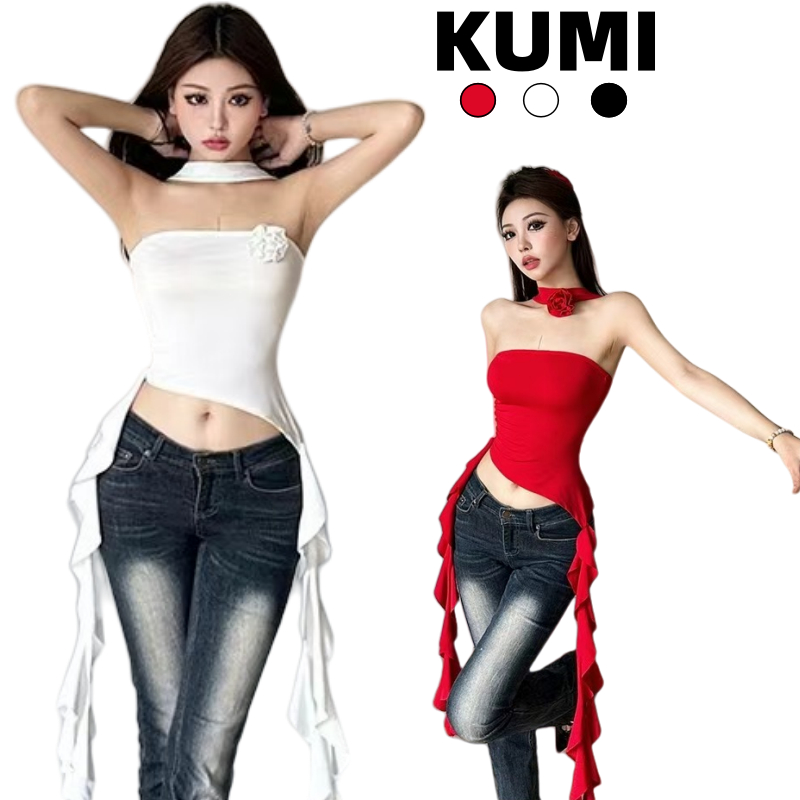 KumiKumi เสื้อสายเดี่ยวไหมพรม เสื้อครอป crop top แฟชั่นผู้หญิง เอวลอยครึ่งตัว​ เสื้อแขนกุด สามมิติ เซ็กซี่สวย