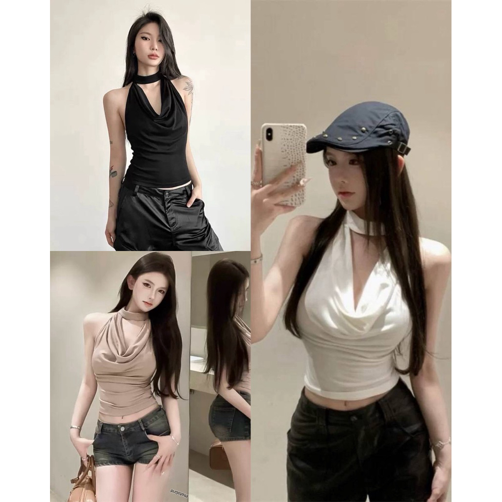 MNV STUDIO เสื้อคอถ่วง โชว์หลังคล้องคอติดหระดุมเข้ารูปทรงเป๊ะ ผ้าไอโคว่ ยืดเยอะเนื้อเย็นสบาย Freesize.