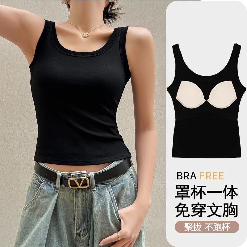 ( S-5XL) เสื้อกล้ามมีบรามีฟองน้ำในตัว เสื้อกล้ามแฟชั่นใหม่ สีพื้นเปิดไหล่ เสื้อกล้ามสำหรับสตรี นุ่มและสวมใส่สบาย