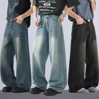 ผู้ชายกางเกงยีนส์ตรงหลวมเกาหลีสบายๆสีฟ้าอ่อนที่มีคุณภาพสูงผู…