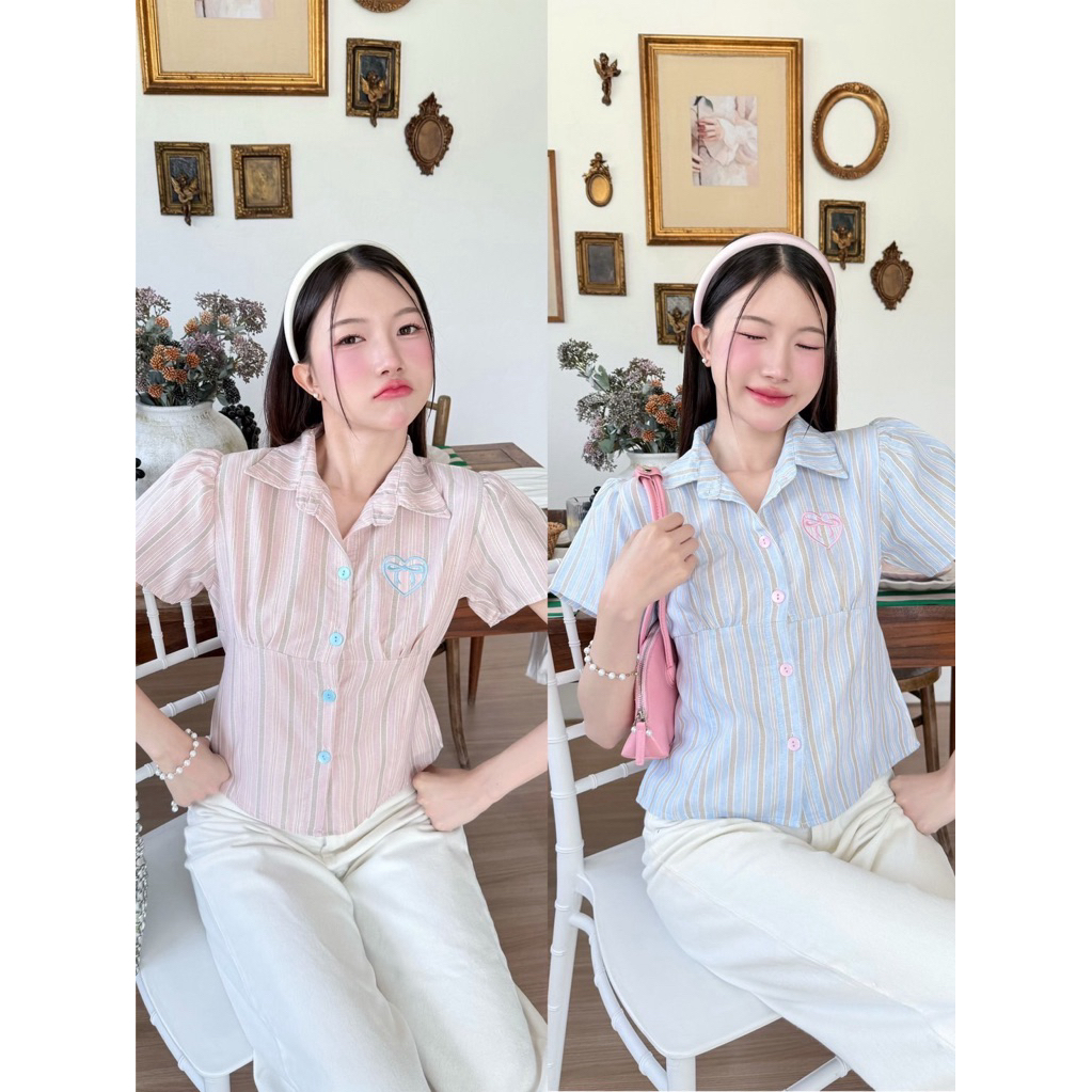 KORRA ·͜·♡เสื้อเชิ้ตคอปกลายริ้ว🤎ปักหัวใจโบว์✨ด้านหลังมีโบว์ผูกเข้ารูป งานสวยใส่แล้วน่ารักมากๆ 📸🫧 - รูปที่ 7