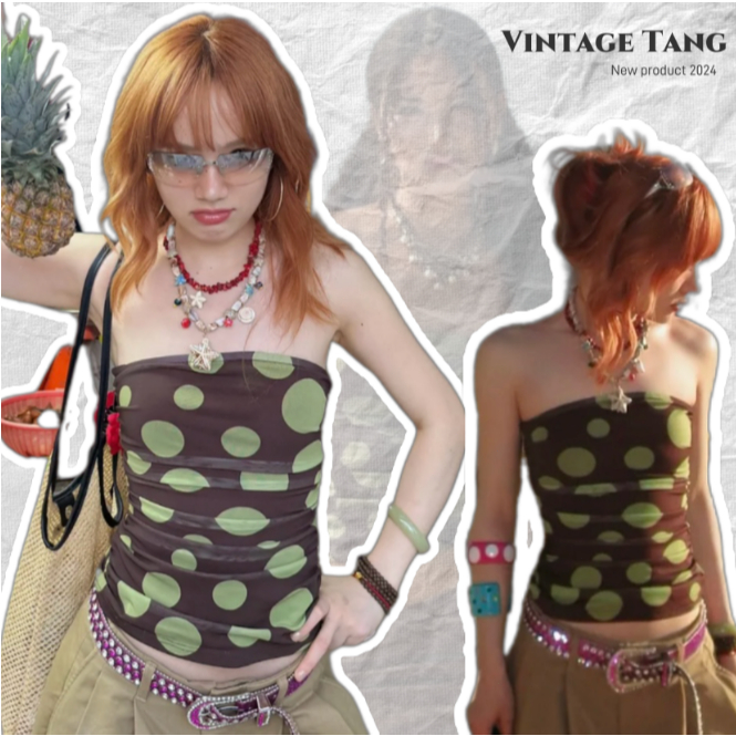 พร้อมส่ง🧀 สายเดี่ยวลายจุดสีน้ำตาล ผ้าฝ้ายตาข่าย สองชั้น เข้ารูปเอว โชว์หลัง น่ารักเซ็กซี่ แฟชั่นผู้หญิง สไตล์เกาหลี INS
