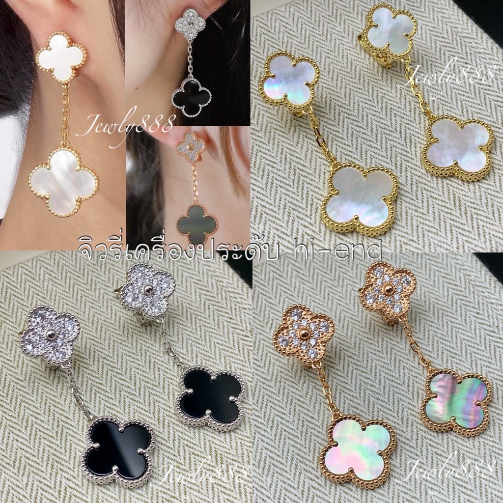 ต่างหูห่วงใบโคลเวอร ตุ้งติ้ง 2 ดอก/ เครื่องประดับแฟชั่น ทำจากหินแท้ หินเพทาย ก้านเงิน (ค111,ค127,ค128,ค174,ค175)