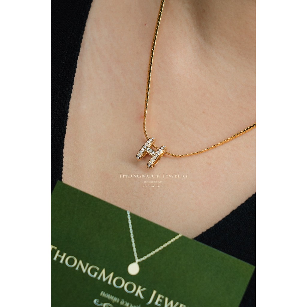 🌦️💎สร้อยคอ 50 สต. ลายบิดแบน จี้ H เพชร💎 cz ยาว 18“