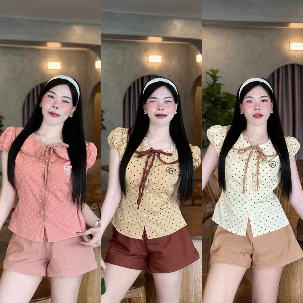 ชุดเซ็ต 2 ชิ้น เสื้อคอบัวกระดุมหน้า+กางเกงขาสั้น