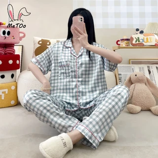 MeToo ชุดนอนแขนสั้นผ้าไหมอิตาลี ชุดนอนผ้าซาติน สะดวกสบายและระบายอากาศ พลัสหลวม Sleepwear สุภาพสตรีเสื้อผ้าพรีเมี่ยม ชุดน