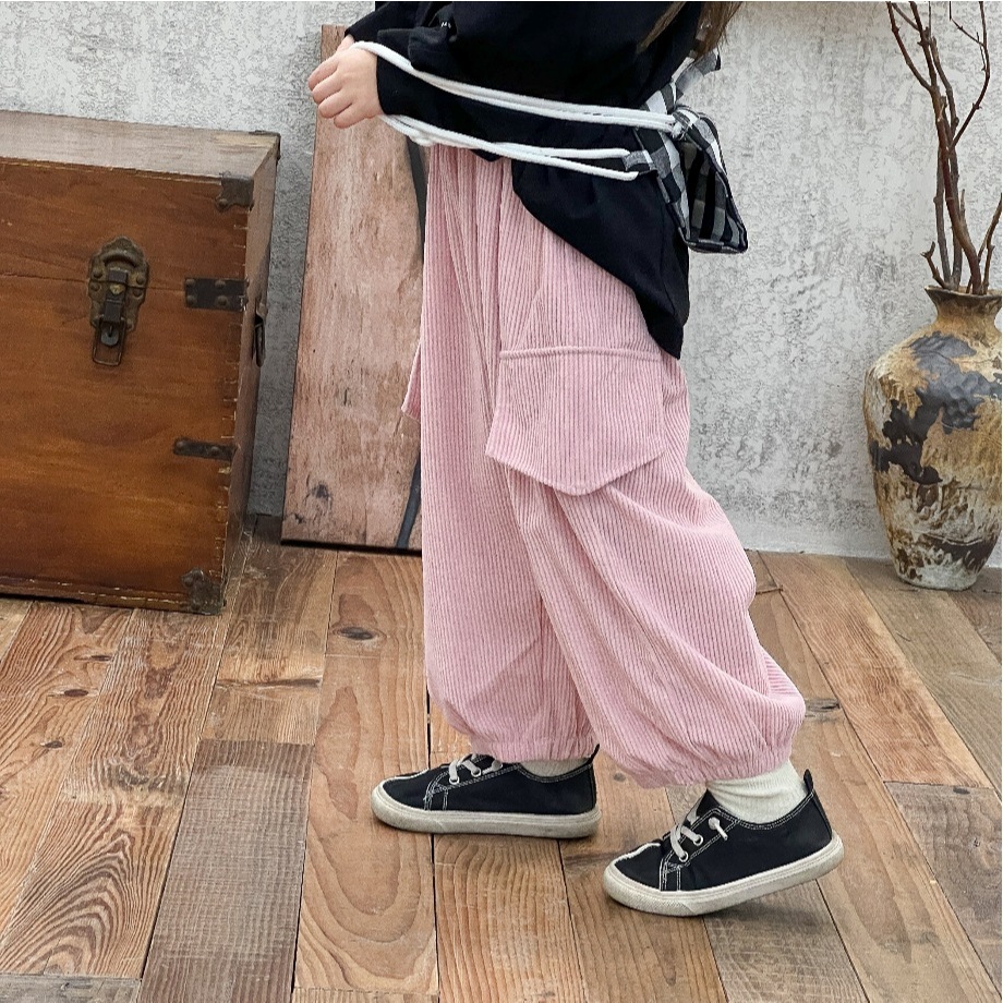 กาวเกงขายาวเด็กเท่ กางเกงคาร์โก้เด็กหญิง เอวยางยืด สีพื้น พร้อมส่ง มีสายเชือก พร้อมกระเป๋า ไซส์ 80-120 - รูปที่ 3