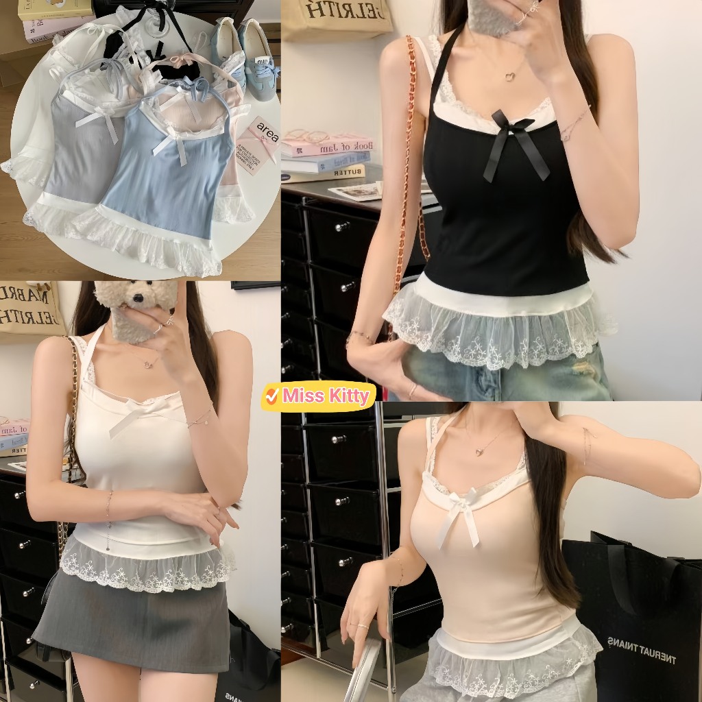 พร้อมส่ง เสื้อกล้าม สายเดี่ยว มีฟองน้ำ ดีเทลเสริมสายคล้องคอสีพาสเทล เข้ารูป "FY864"🎀Miss Kitty❤️