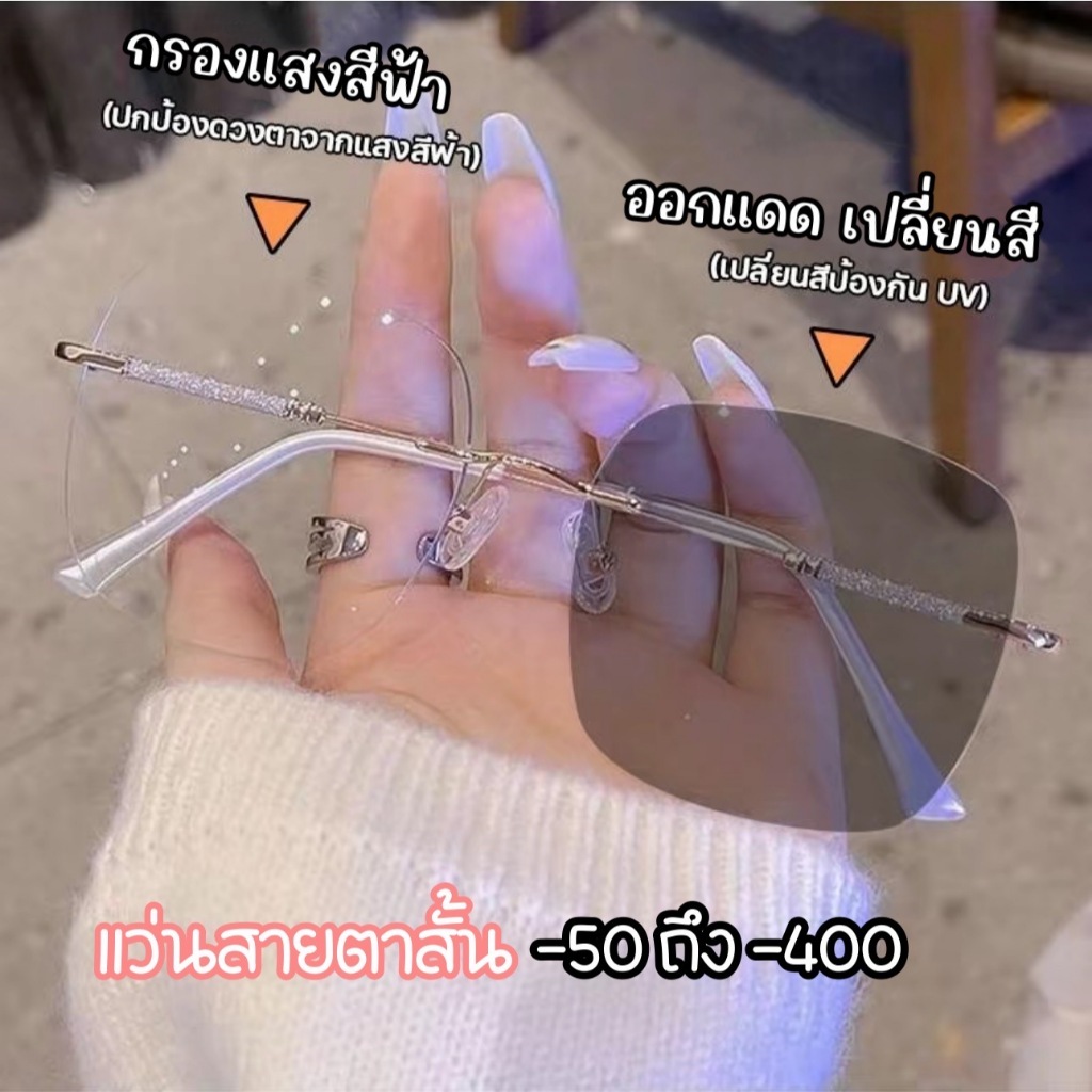 แว่นสายตาสั้น(-50ถึง-400)แว่นตาไร้กรอบ กรอบแสง AutoBlue ออกแดดเปลี่ยนสี กันUV  เลนส์ออโต้ กรองแสงคอม