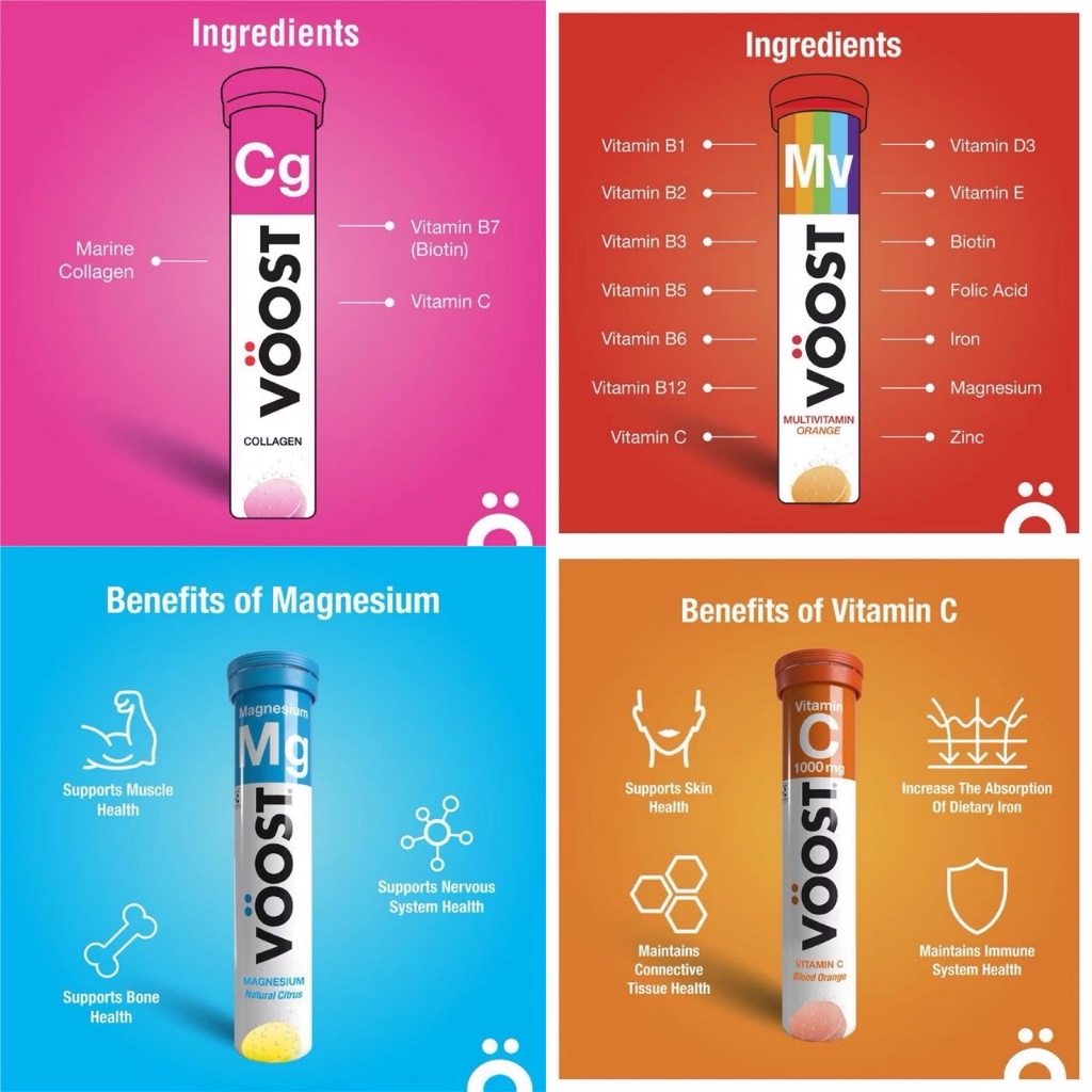 เม็ดฟู่ VOOST Collagen / Vitamin c / Multivitamin / Magnesium /Vitamin B+ Orange 20 เม็ด หลอดใหญ่