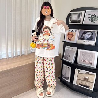 ชุดนอน 2ชิ้น เสื้อแขนสั้น-กางเกงขายาว ฟรีไซส์ ลายการ์ตูนน่าร…