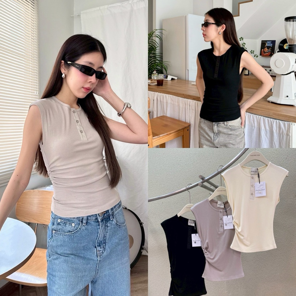ส่งแมส 🛵VALEN Everyday Sleeveless Top 🍑 เสื้อแขนกุด ดีเทลกระดุมหน้า ย่นช่วงเอว ผ้าร่องเนื้อนุ่ม