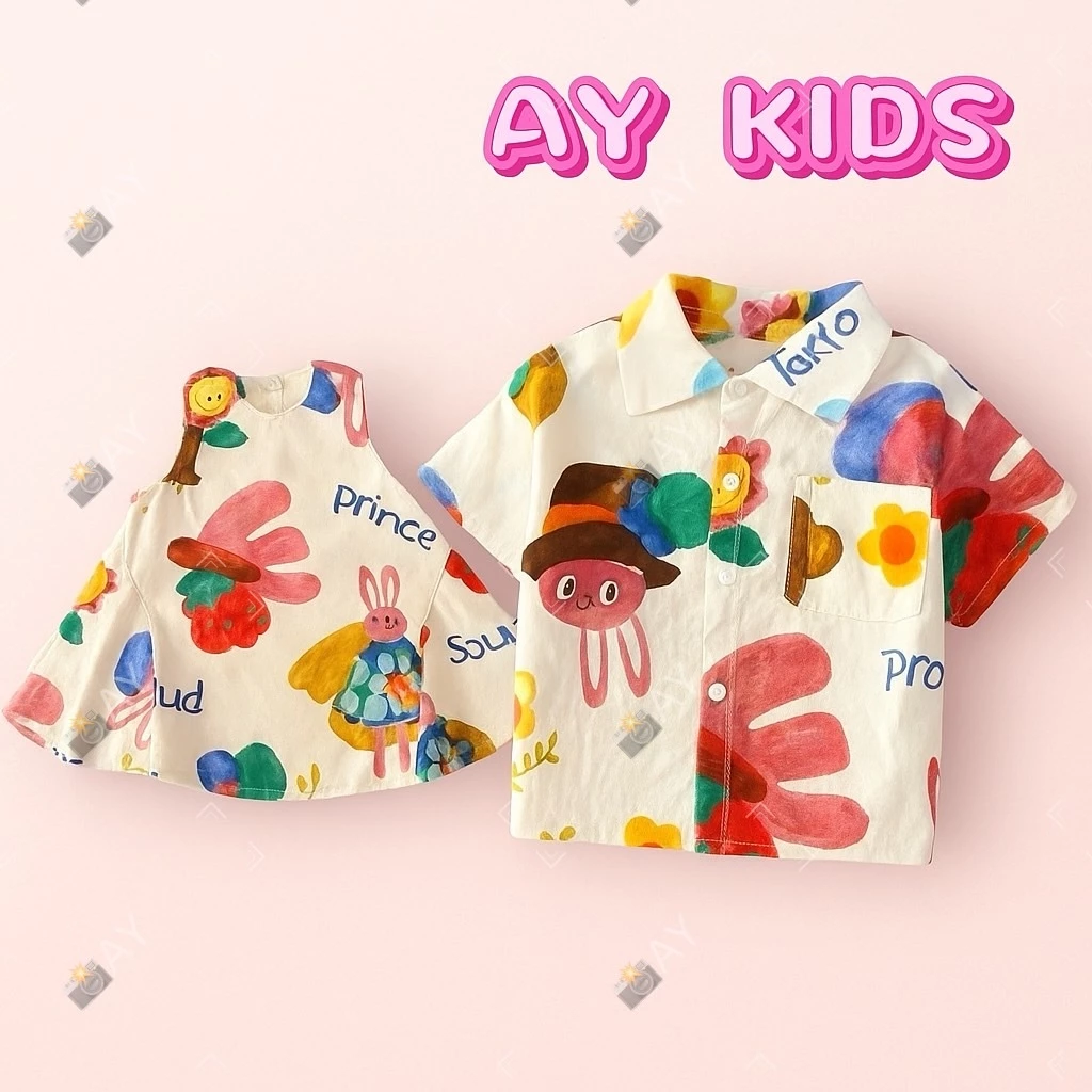 AY093 ชุดคู่แฟชั่นเด็ก พี่ชาย-น้องสาว เสื้อเชิ้ต+เดรส ลายเพ้นท์การ์ตูน สีสันสดใส ผ้านิ่ม ระบายอากาศดี