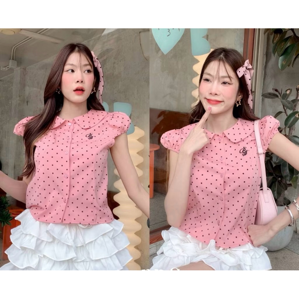 เสื้อคอบัว แขนตุ๊กตา #ลายจุด น่ารัก