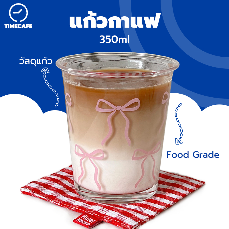 TIMECAFE แก้วกาแฟ 350ml แก้วน้ำลายโบว์สีชมพู เนื้อหนาพิเศษ แก้วมัทฉะ สำหรับร้านกาแฟ A9ZS