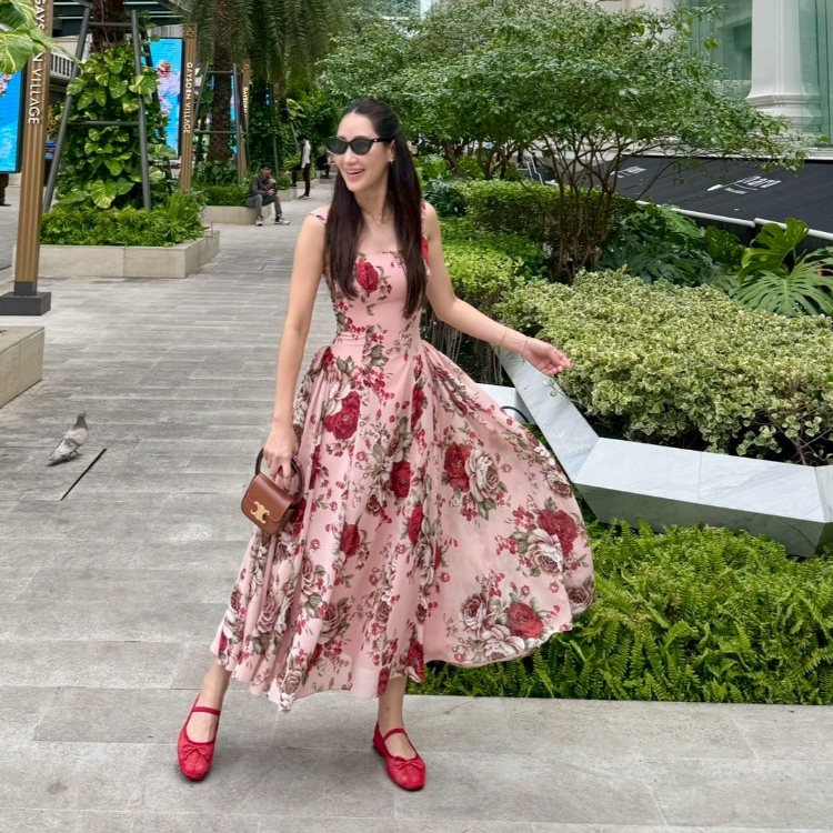 PD328 Midi Dress เดรสผ้าชีฟฟอง แขนกุด กระโปรงบาน