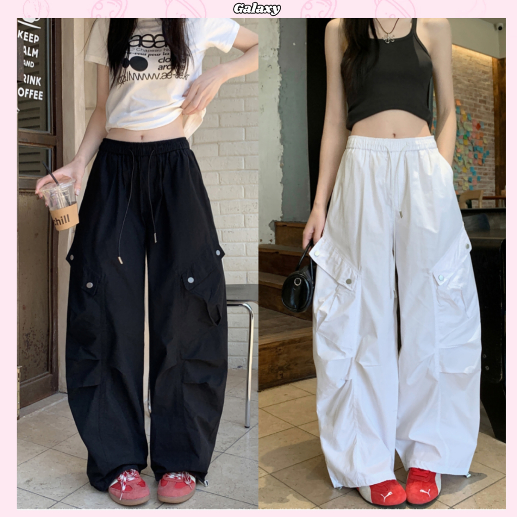 กางเกงคาร์โก้ กางเกงขายาวผู้หญิง กระเป๋าพิเศษ เอวสม๊อค สุดชิค ทรงหลวมๆ #010257