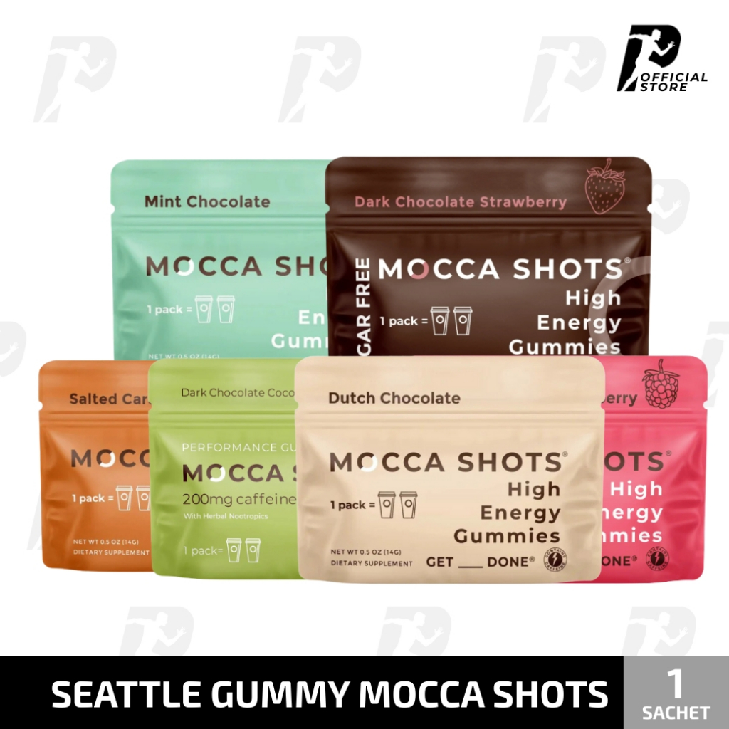 Mocca Shots 1 ซอง (BEST BY 2026) : กัมมี่ บูสท์คาเฟอีนแบบเคี้ยว กระตุ้นการตื่นตัว
