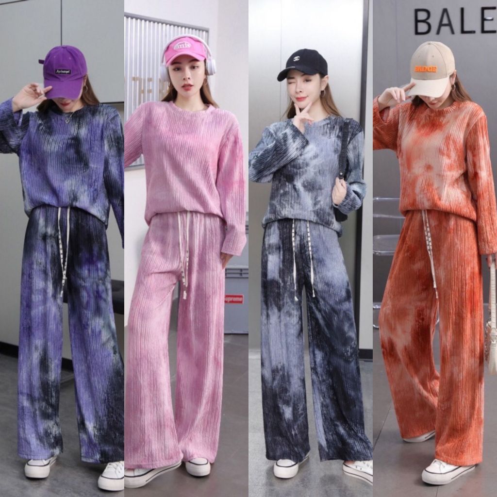 ชุดเซ็ทลายมัดย้อม ผ้าพริ้วใส่สบาย ดีไซน์สวย เสื้อแขนยาว กางเกงขายาว เสื้อแขนยาว ชุดเซทสาวอวบน่ารักๆ ชุดทำงานสาวอวบTZ9987