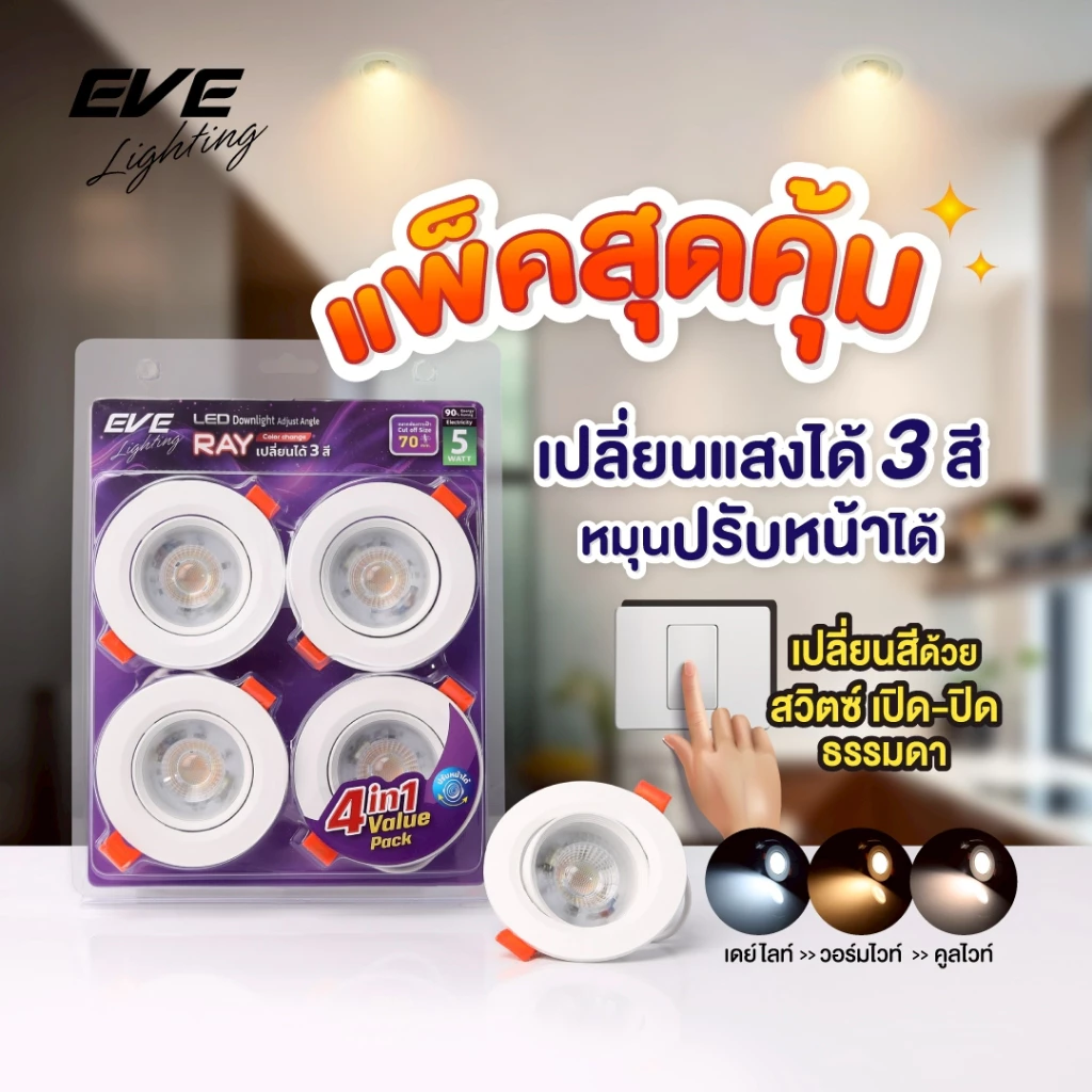 [ แพ็ค 4 ดวง ] ดาวน์ไลท์ แอลอีดี เปลี่ยนได้ 3 สี ปรับองศาได้ รุ่น RAY 5 วัตต์ เจาะฝ้า 2.76 นิ้ว