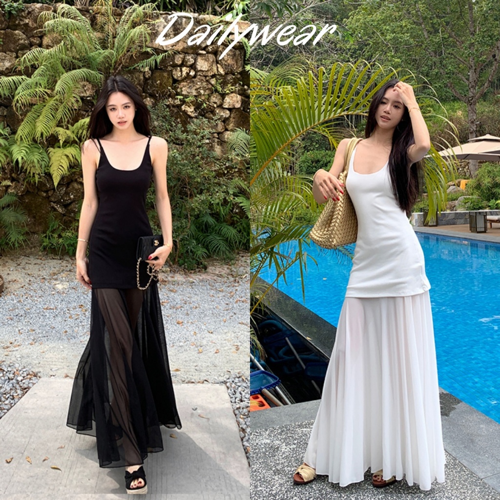 Dailywear พร้อมส่ง✨ชุดเดรสสลิปผู้หญิง ดีไซน์ผ้าพลีท ผ้าชีฟอง ดีไซน์ช่วงเอว เดรสทรงเอไลน์