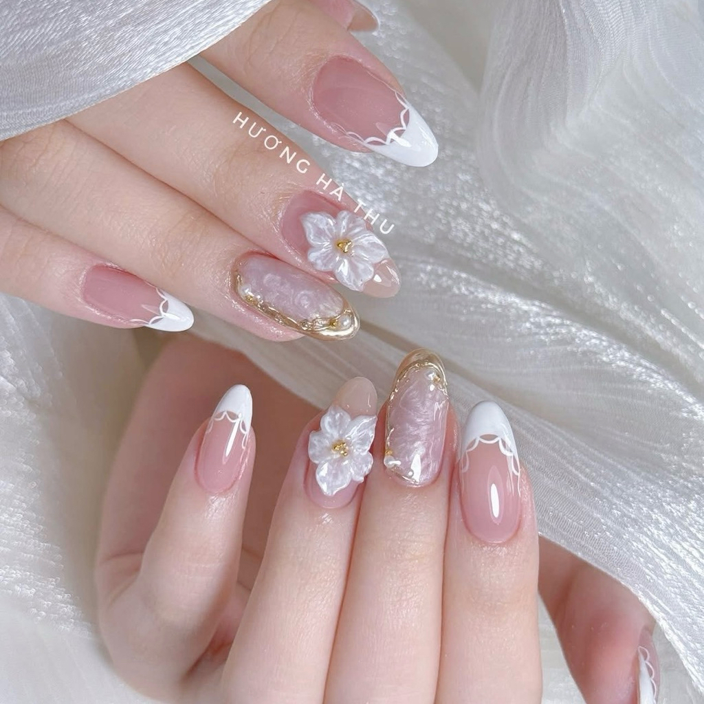63เล็บเจลแท้ โทนขาวเฟรนช์ปลาย ขัดผง ปั้นดอก🌸 พร้อมส่ง🛒