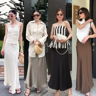 🔖StudioX2 #9917 SATIN MAXI SKIRT กระโปรงผ้าซาตินเอวขอบเรียบ เย็บยางยืดซ่อนด้านใน มีซิปข้างตัว ชายบานเบา ผ้าทิ้งตัว
