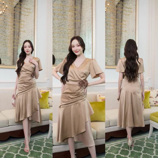 ชุดเดรส ชุดออกงาน ชุดราตรี FP068 เกรดพรีเมี่ยม คอวี แขนสั้น