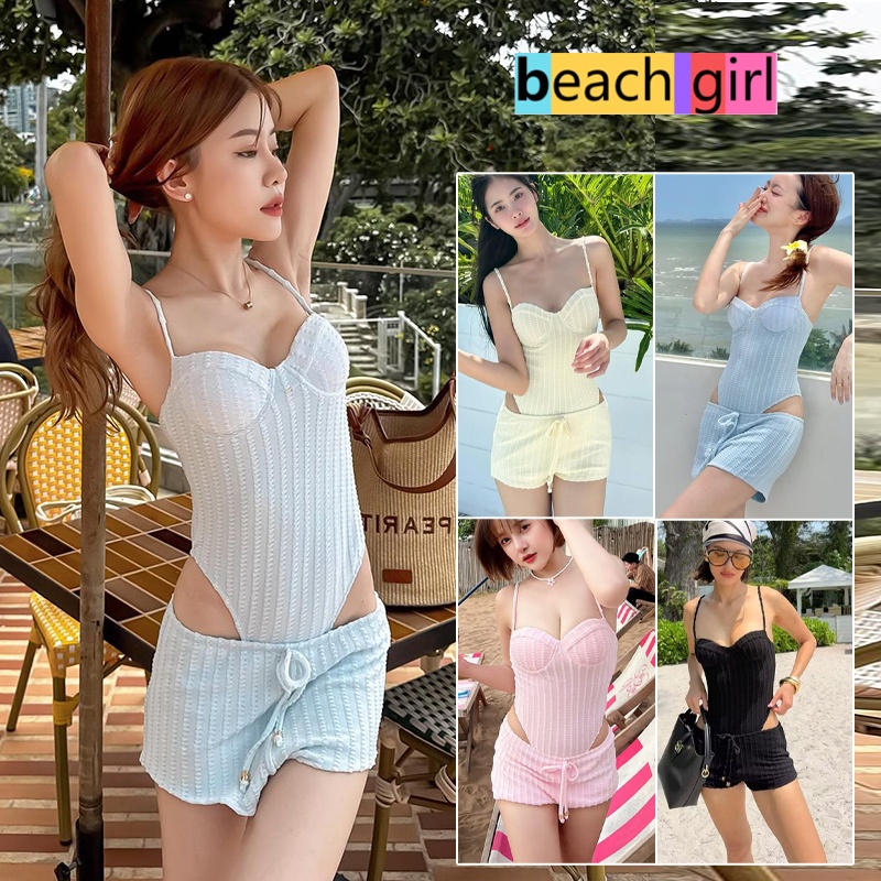 💮beachgirl💮ชุดว่ายน้ำวันพีซ ชุดว่ายน้ำแฟชั่น มีฟองน้ำ คอวี sexy ทรงเข้ารูป มีหลากหลายสีให้เลือก summer