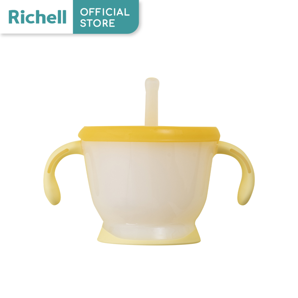 Richell (ริเชลล์) AQ Cup de Straw training KN LY สีใหม่ ถ้วยฝึกดูดมีปุ่มกดน้ำ สำหรับเด็กฝึกดูดหลอด6เดือน+