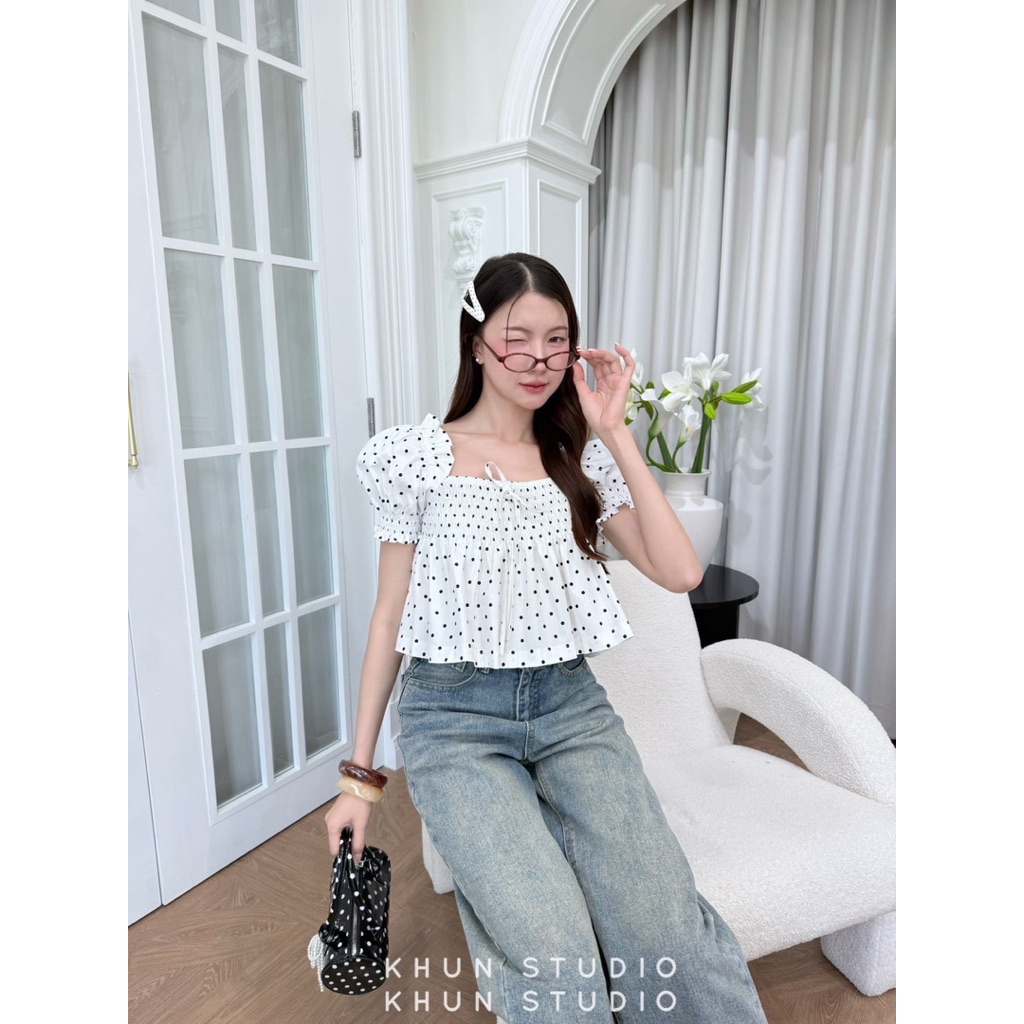 เสื้อแขนพอง คอเหลี่ยม แต่งสม็อคช่วงอก -kn / VB0581 - รูปที่ 2