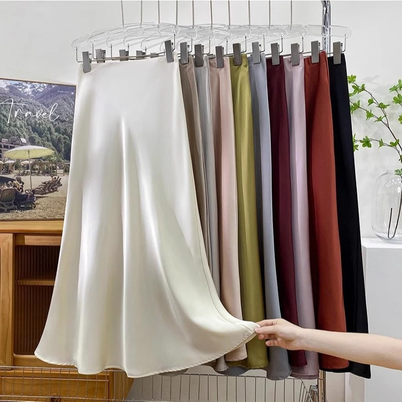 11 สี S-6XL กระโปรงผ้าซาตินกระโปรงยาว เอวสูง ผ้าซาติน ลายนางเงือก