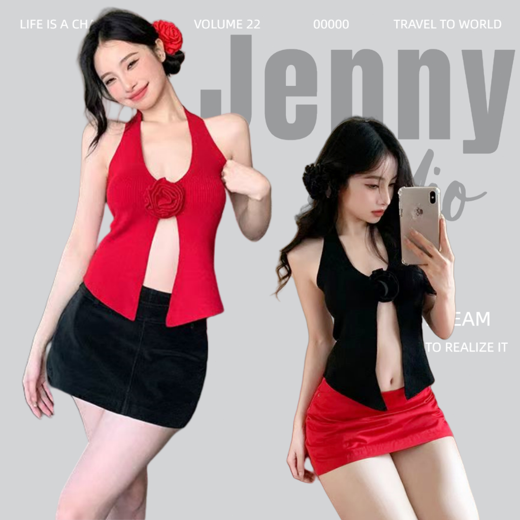 Jenny🍒พร้อมส่ง🍒เสื้อคล้องคอ🖤ผ้าไหมพรม คอวี ดีเทลติดดอกไม้หน้าอก เซ็กซี่เวอร์ ชุดเที่ยวทะเล คาเฟ่ สไตล์เวียดนาม